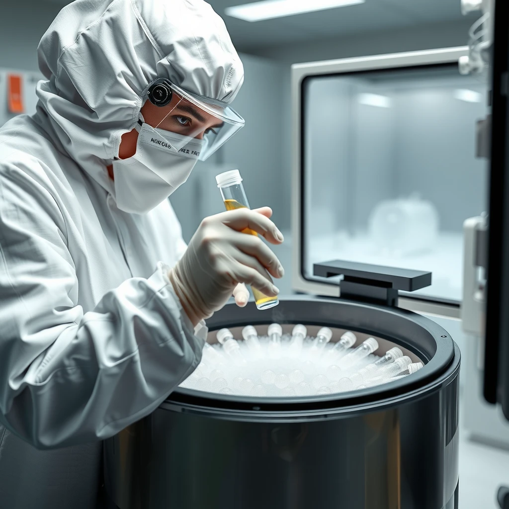Laboratory technician handling cryopreserved embryos in a cryostorage tank
