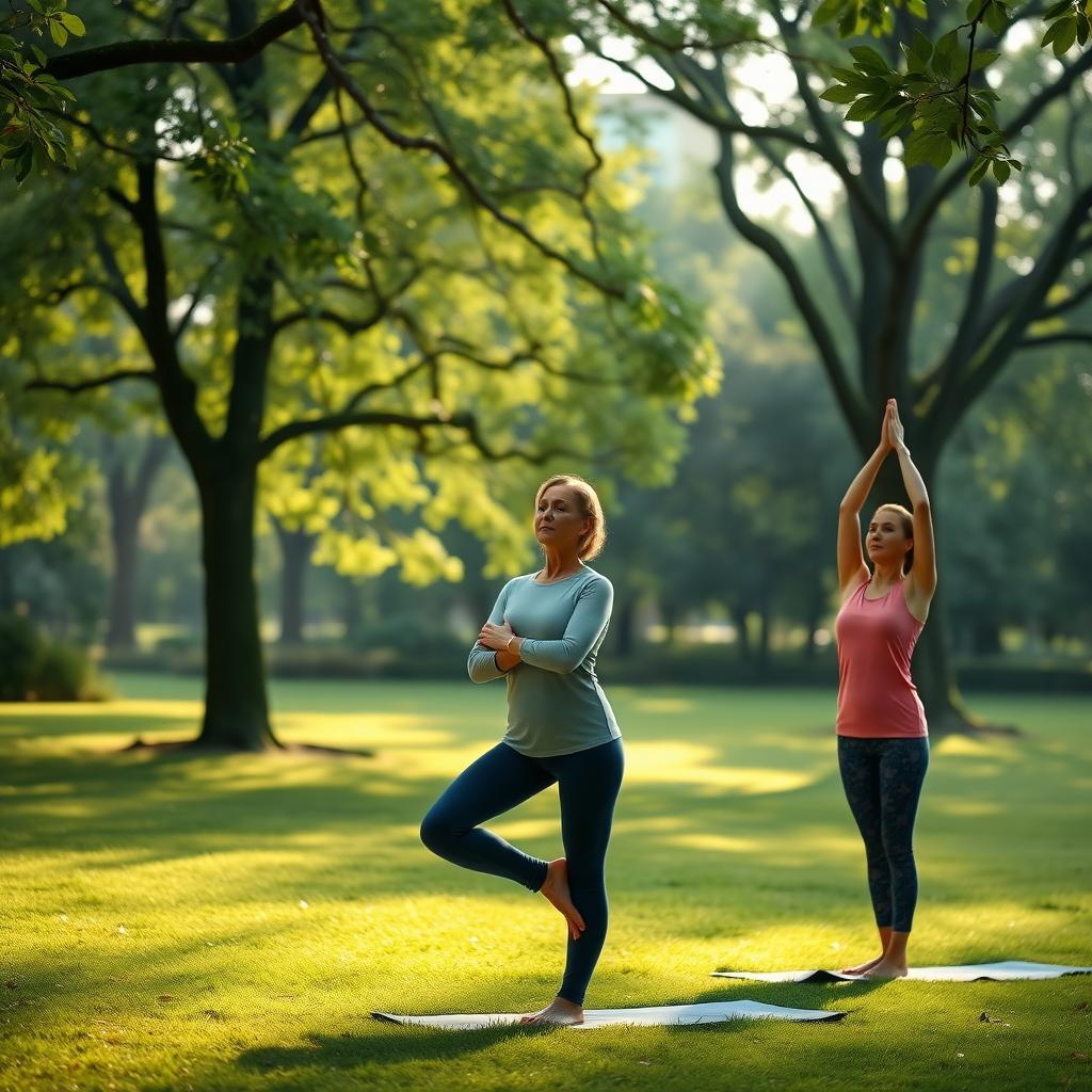 A couple practicing yoga in a lush green park with sunlight filtering through trees.