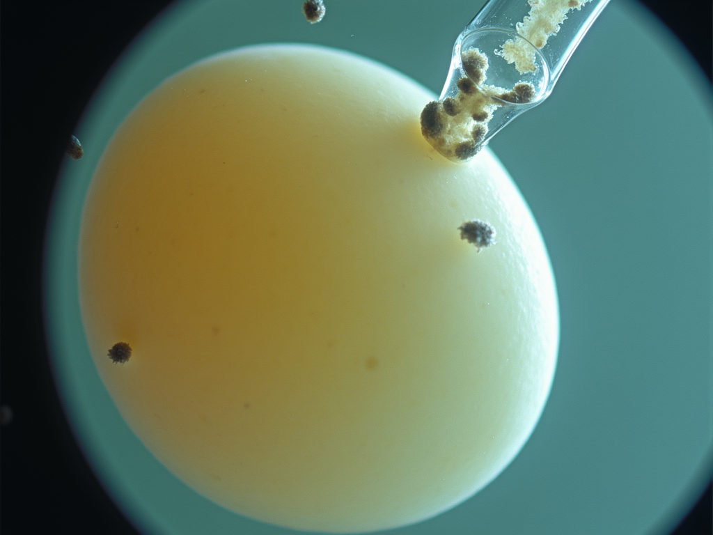 The moment of fertilization in IVF.