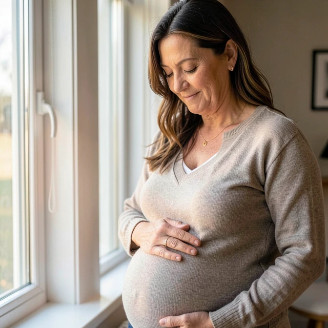 Pregnant woman smiling and touching her belly, representing hope in fertility treatment