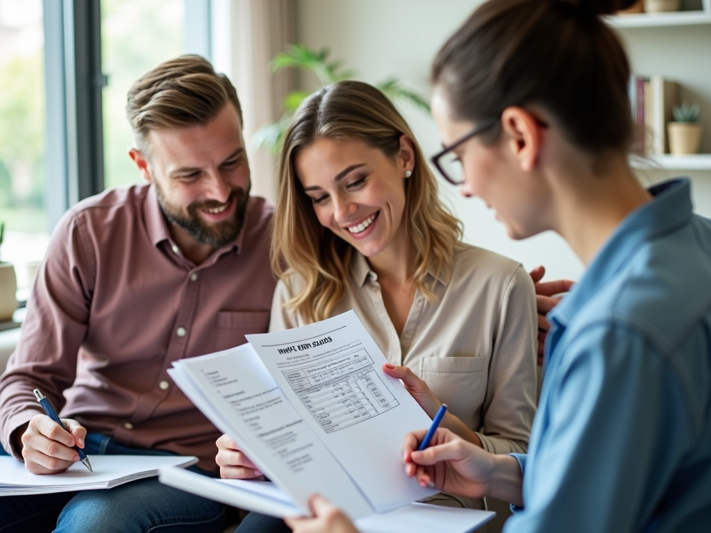 A couple discussing IVF costs with a fertility clinic counselor.