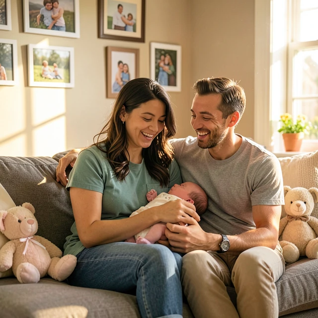 Family celebrating new baby after fertility treatment