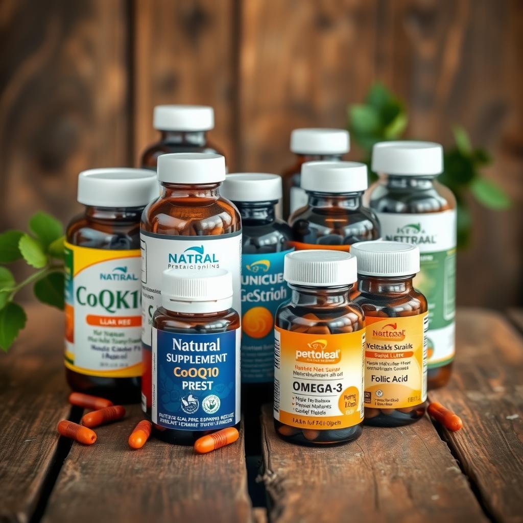 A selection of fertility supplements displayed artistically on a wooden table.