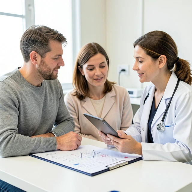 Couple receiving personalized consultation from fertility specialist in modern clinic setting