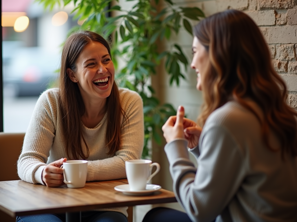 A woman shares a light moment with a friend over coffee, finding support.