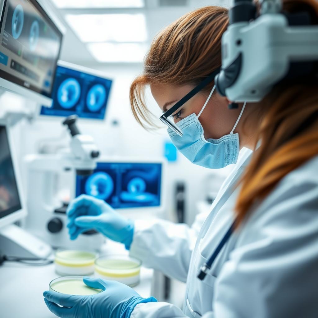 Fertility lab technician working with petri dishes in a high-tech lab