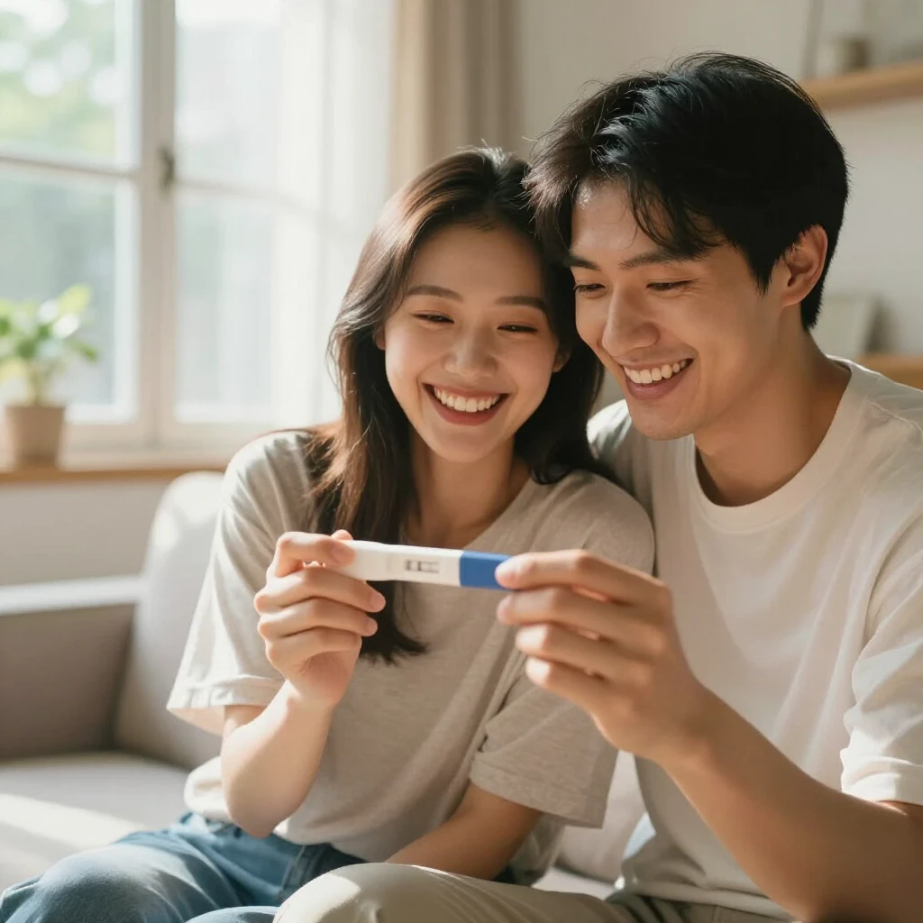 Happy couple celebrating a positive pregnancy test at home