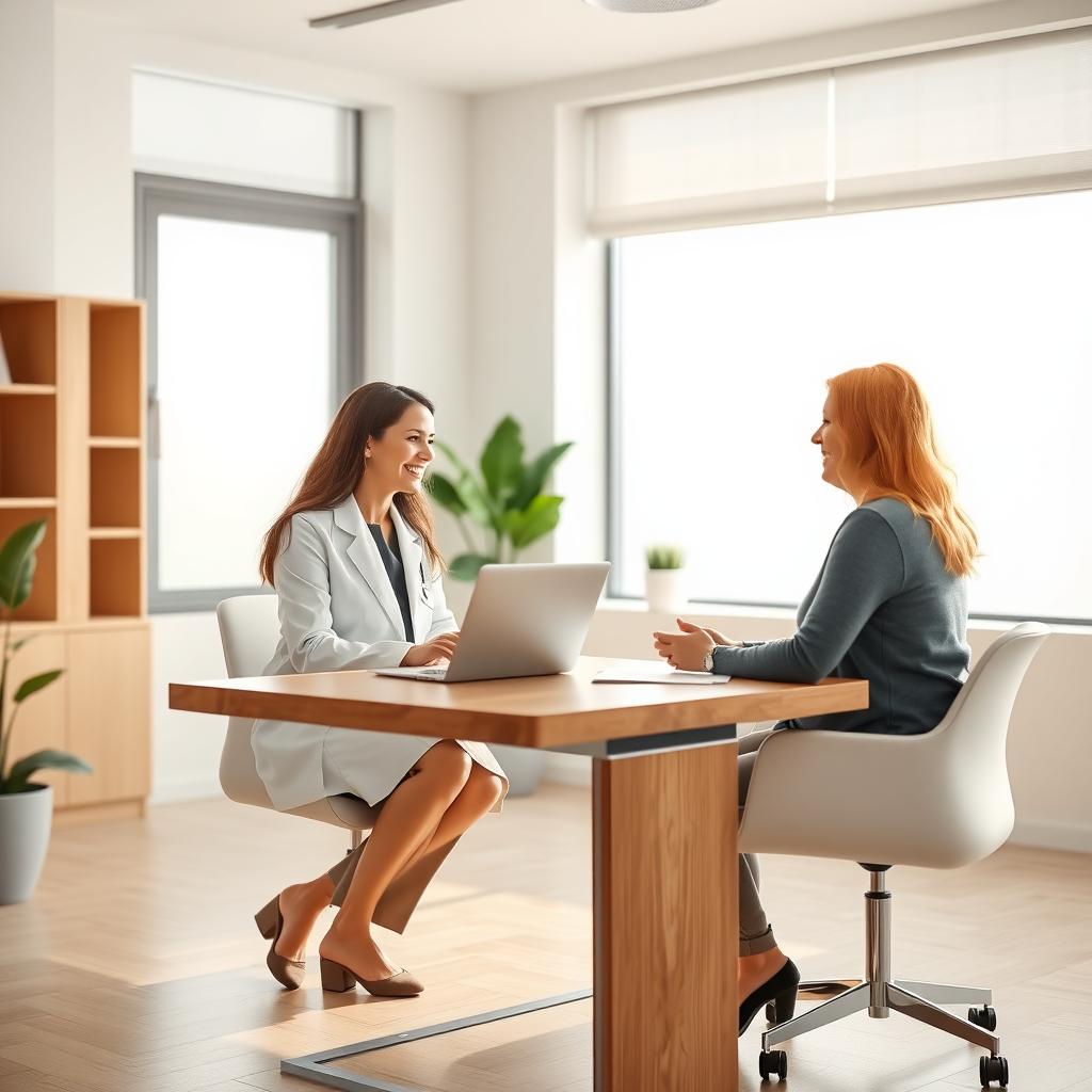 A bright fertility clinic consultation room with a doctor and patient discussing options at a desk.