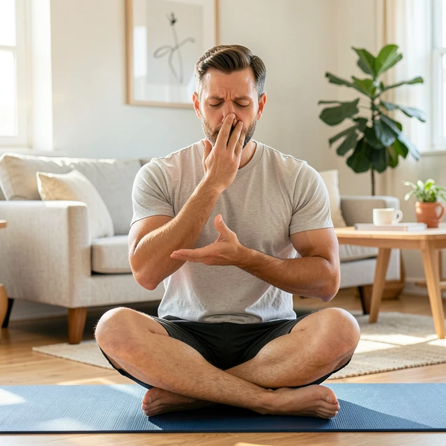 Man practicing alternate nostril breathing for focus and calm