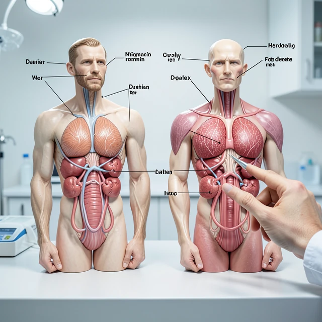 Anatomical models highlighting male and female reproductive systems
