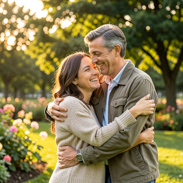 Happy couple embracing after overcoming relationship challenges