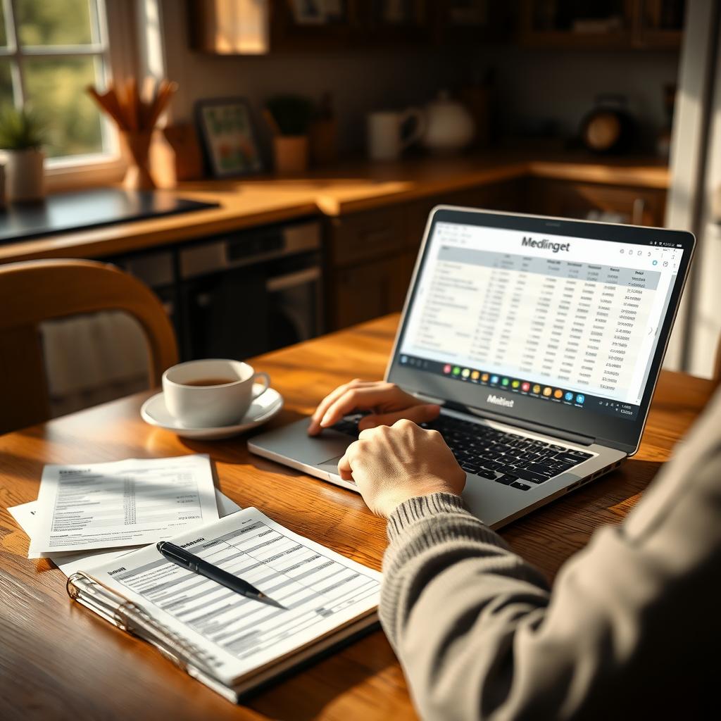 Person reviewing a budget spreadsheet with medical bills at a cozy kitchen table