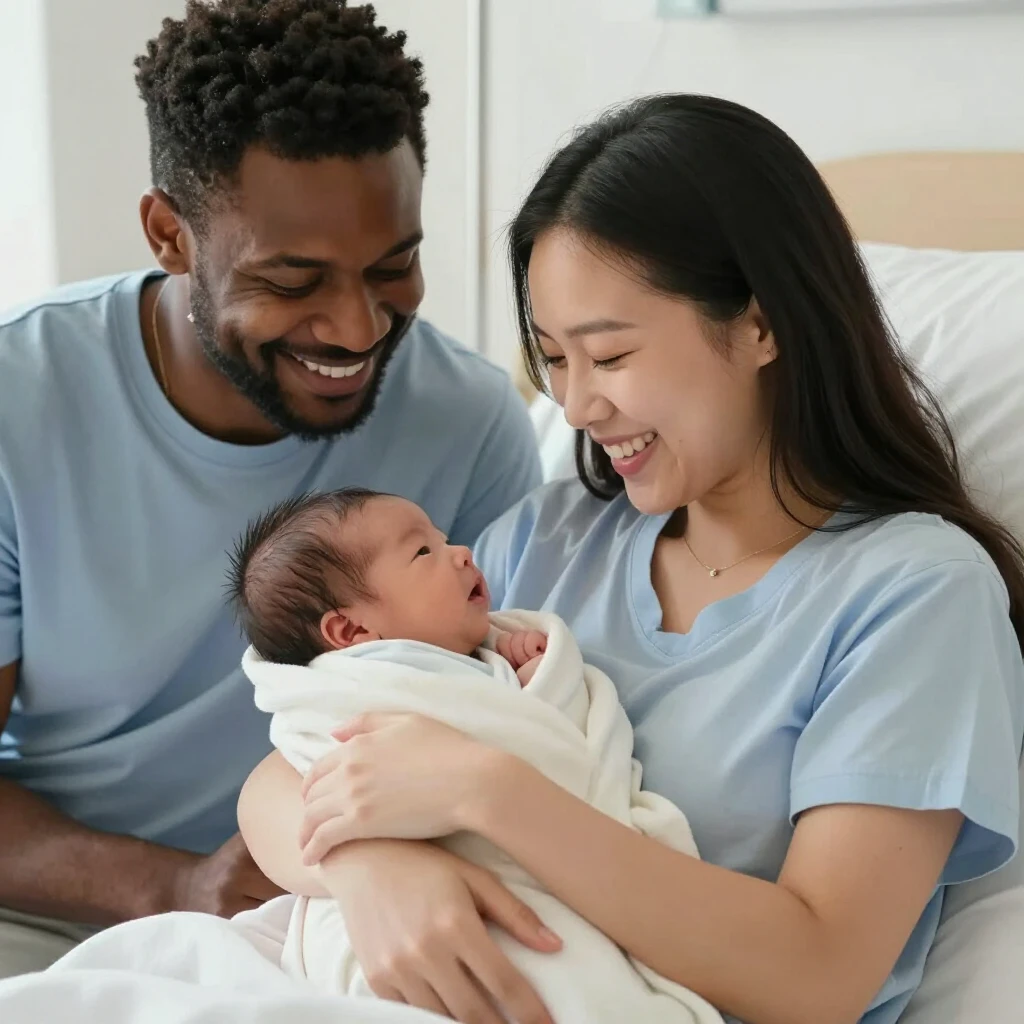 Happy diverse couple holding a newborn baby after successful fertility treatment