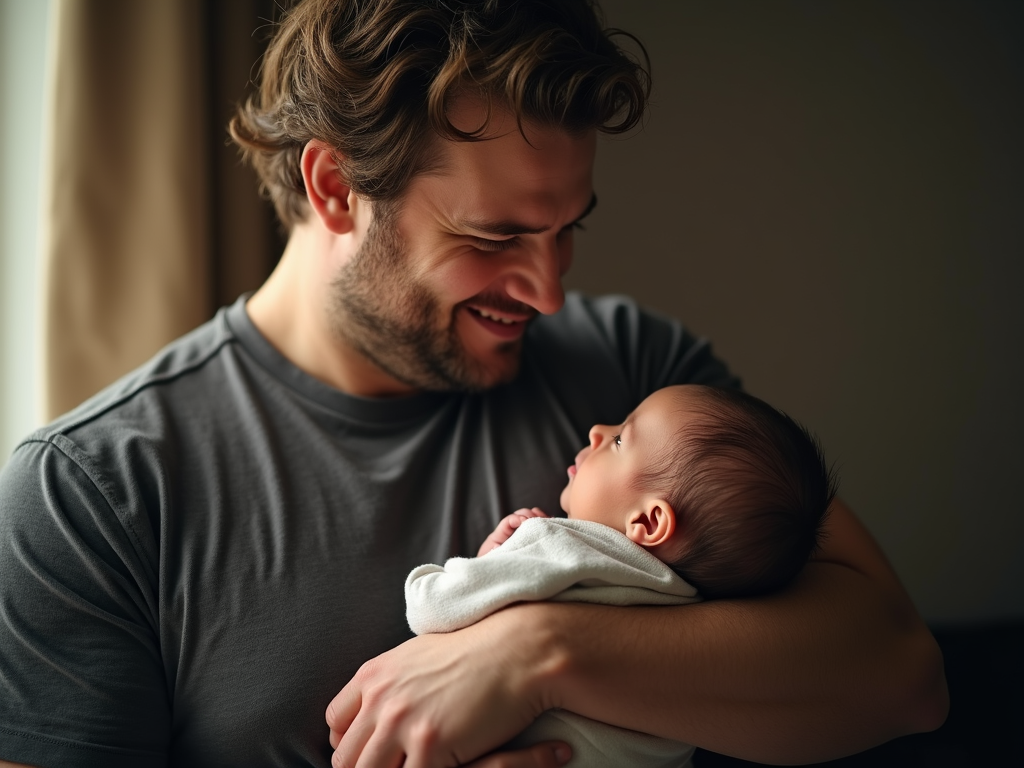 Father holding newborn after successful fertility treatment