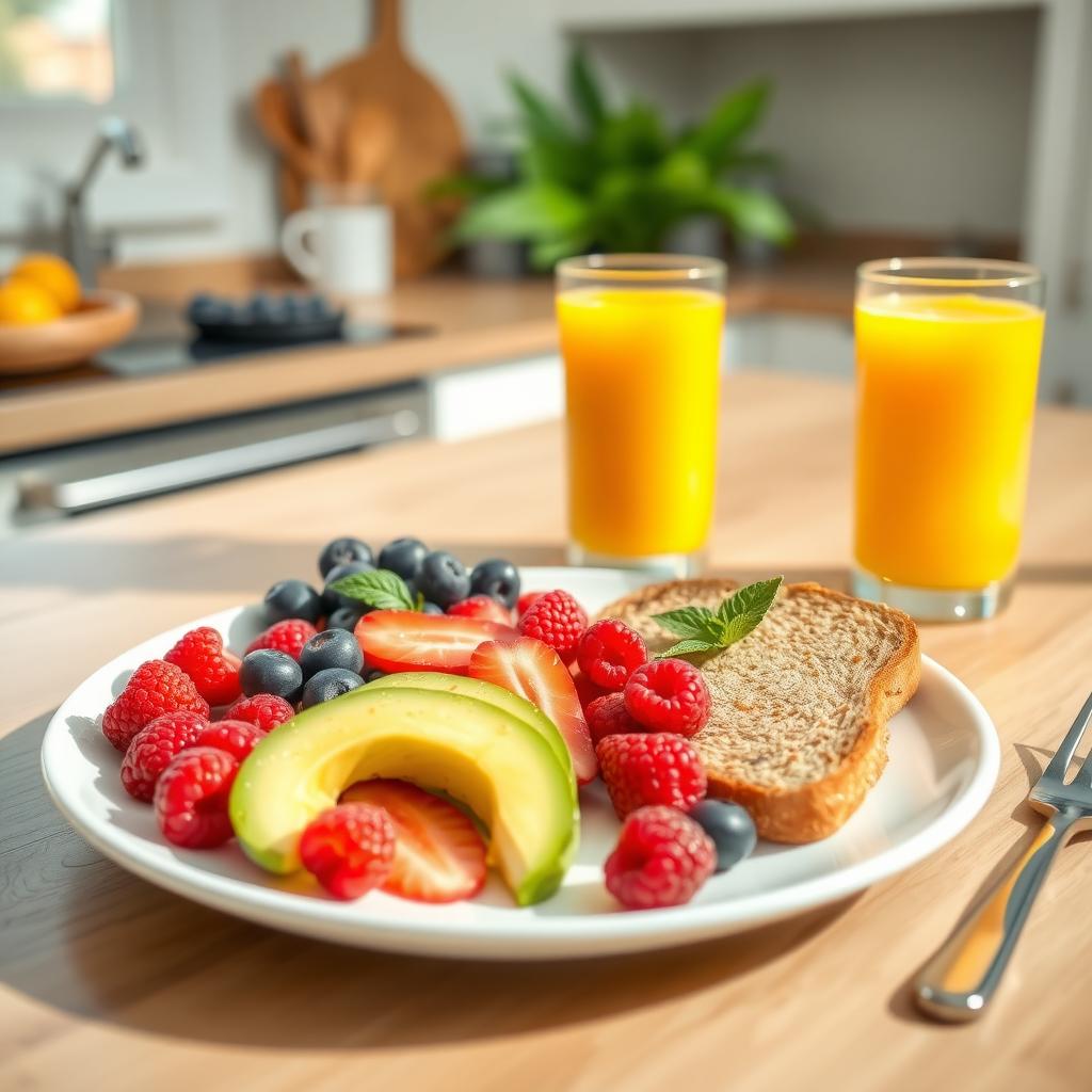 A healthy breakfast plate with berries, avocado, and whole-grain toast on a modern kitchen table.