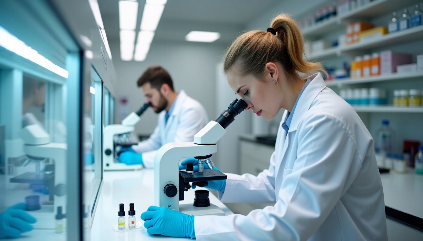 Fertility clinic lab with staff preserving reproductive cells.