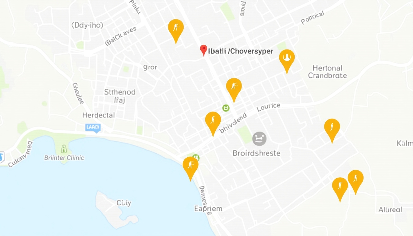 Map view showing several fertility clinics in a city with pin markers