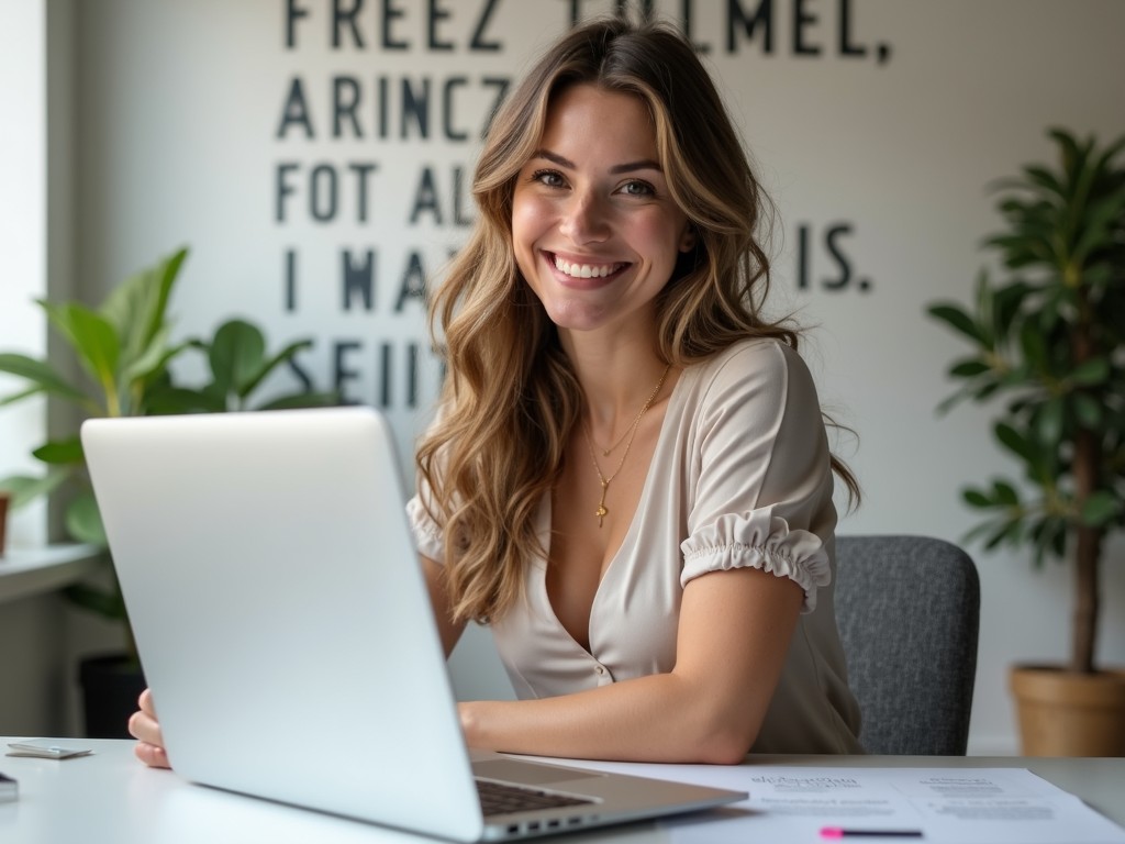 A confident woman smiling at her work desk, symbolizing empowerment and control over her reproductive future.