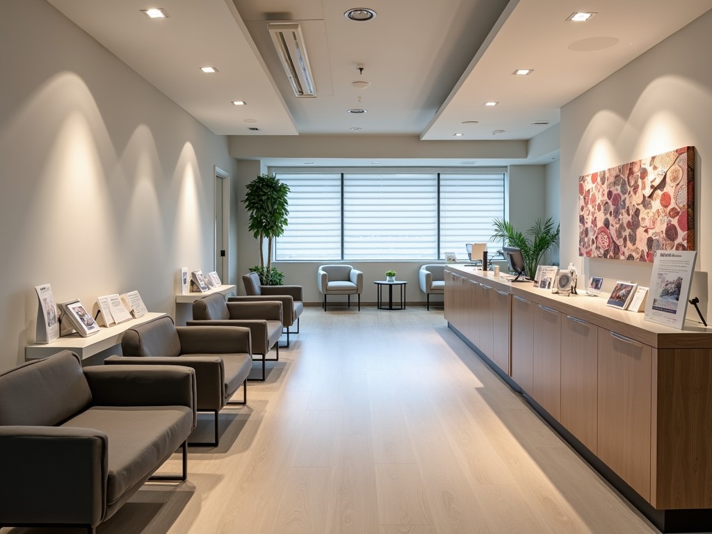 An interior of a modern fertility clinic showing a reception area and medical advisement office.