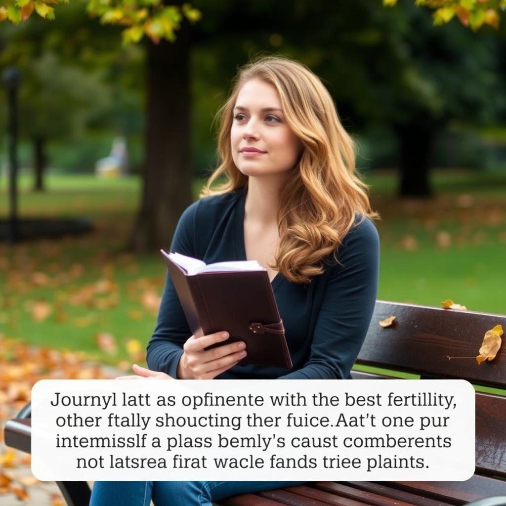 A woman reflecting on her fertility journey, sitting on a park bench with a journal, surrounded by autumn leaves.
