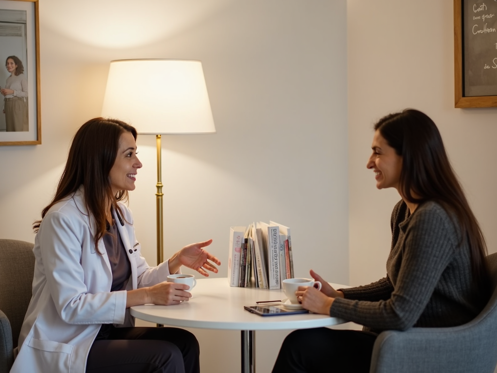 A serene consultation room at a fertility clinic, where patients discuss their preservation options with a specialist.