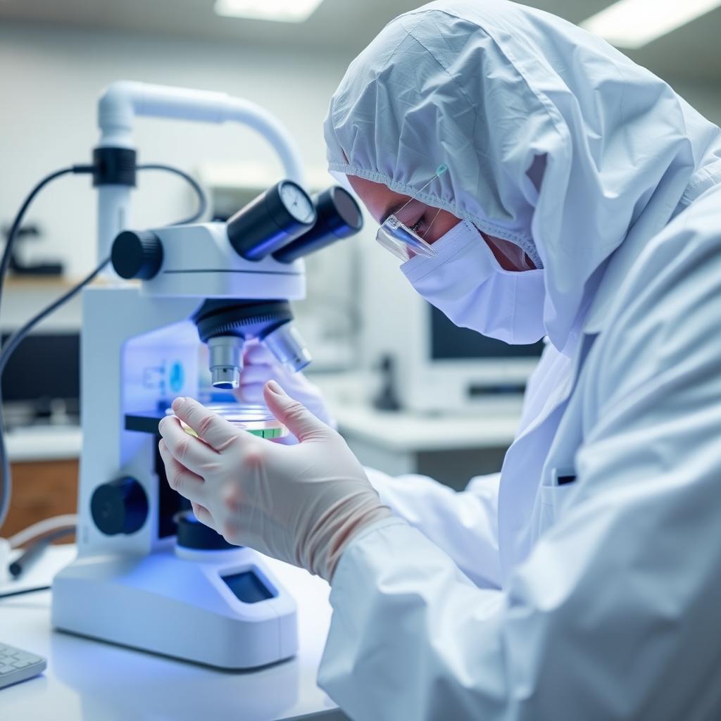 Lab technician examining a petri dish in a fertility lab.