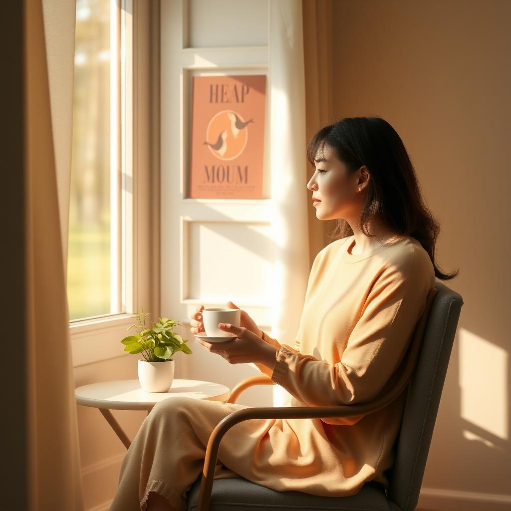 A woman in a cozy room with pastel decor, holding tea and gazing out a window.