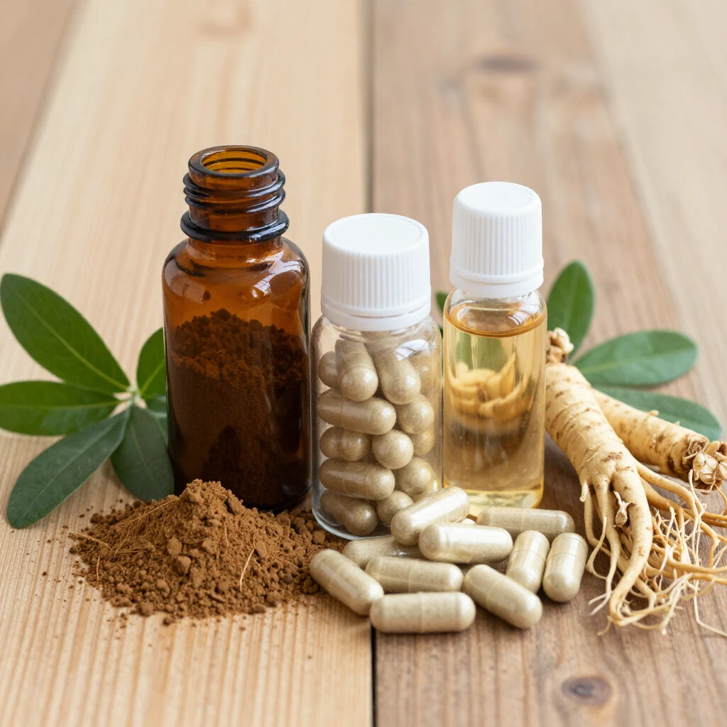 Natural herbal supplements like ashwagandha, maca, and ginseng for male fertility