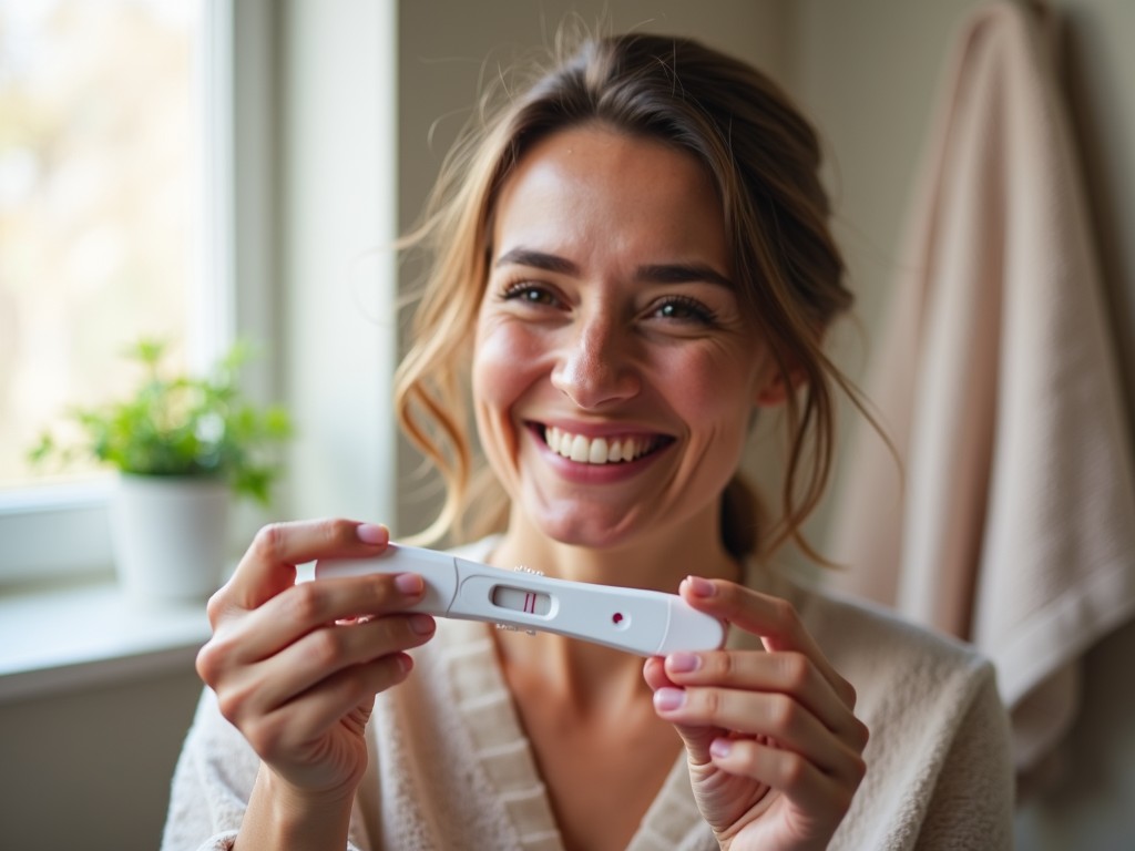 A smiling woman holding a positive pregnancy test, signifying hope and success.