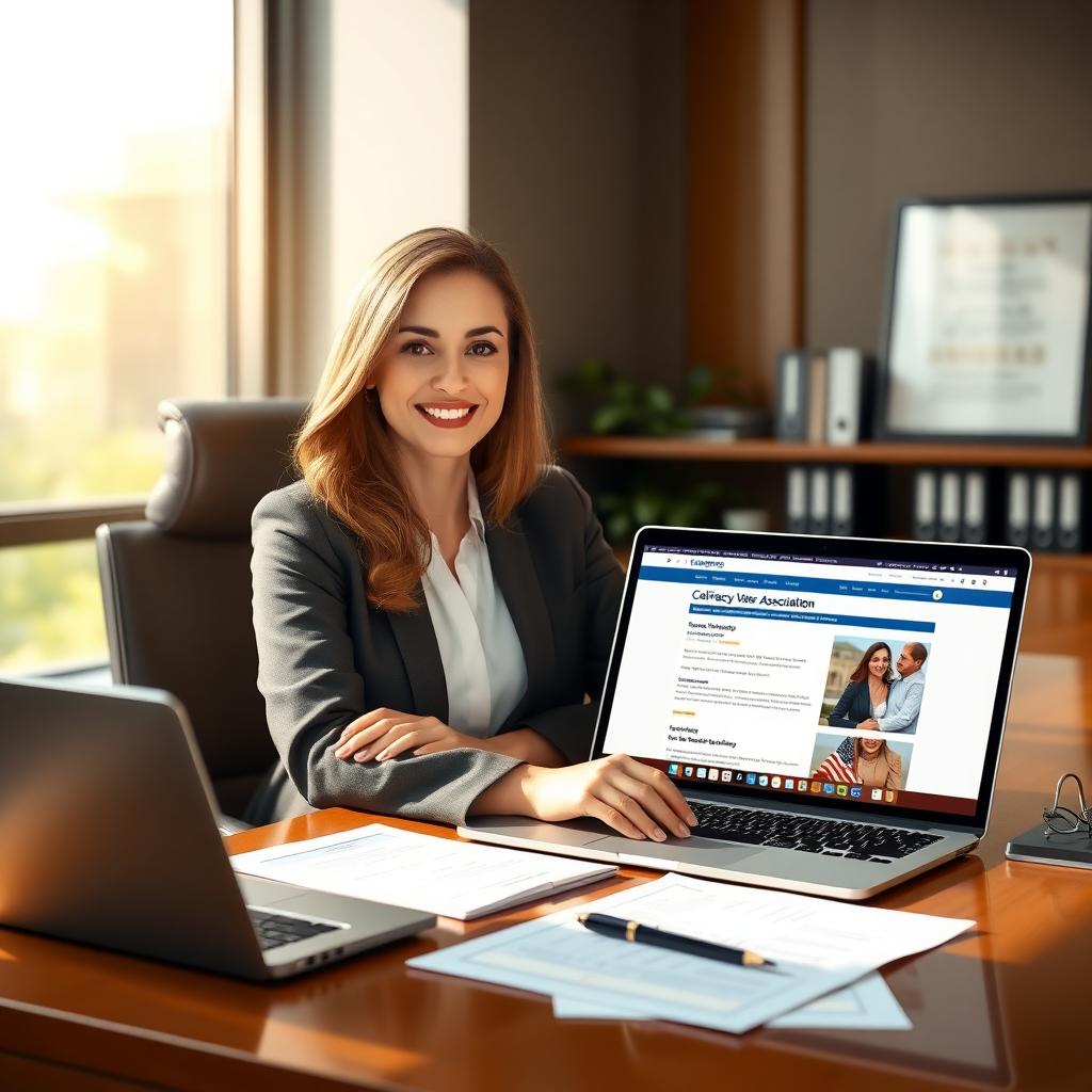 A lawyer reviewing surrogacy documents in a modern office with a California Lawyers Association webpage open on a laptop.