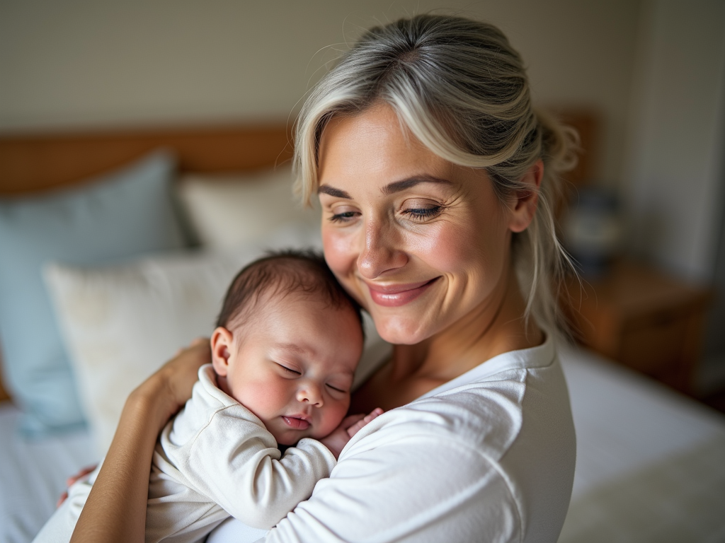 Older mom holding her newborn