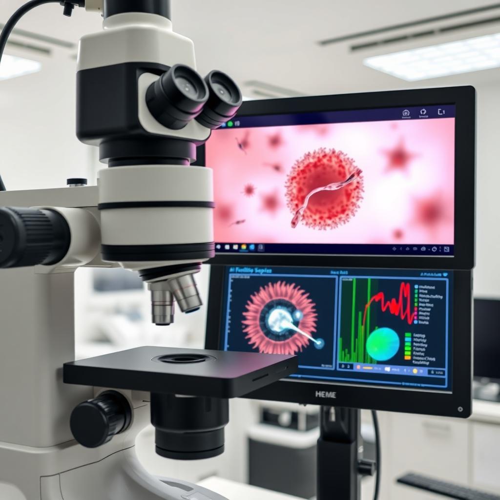 High-tech microscope in a fertility lab showing AI-analyzed sperm data on a monitor