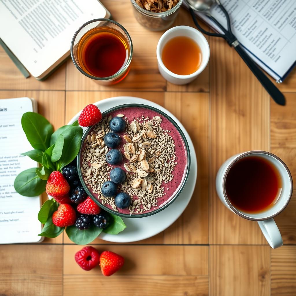 Healthy breakfast with anti-inflammatory foods and a journal, supporting holistic endometriosis care.