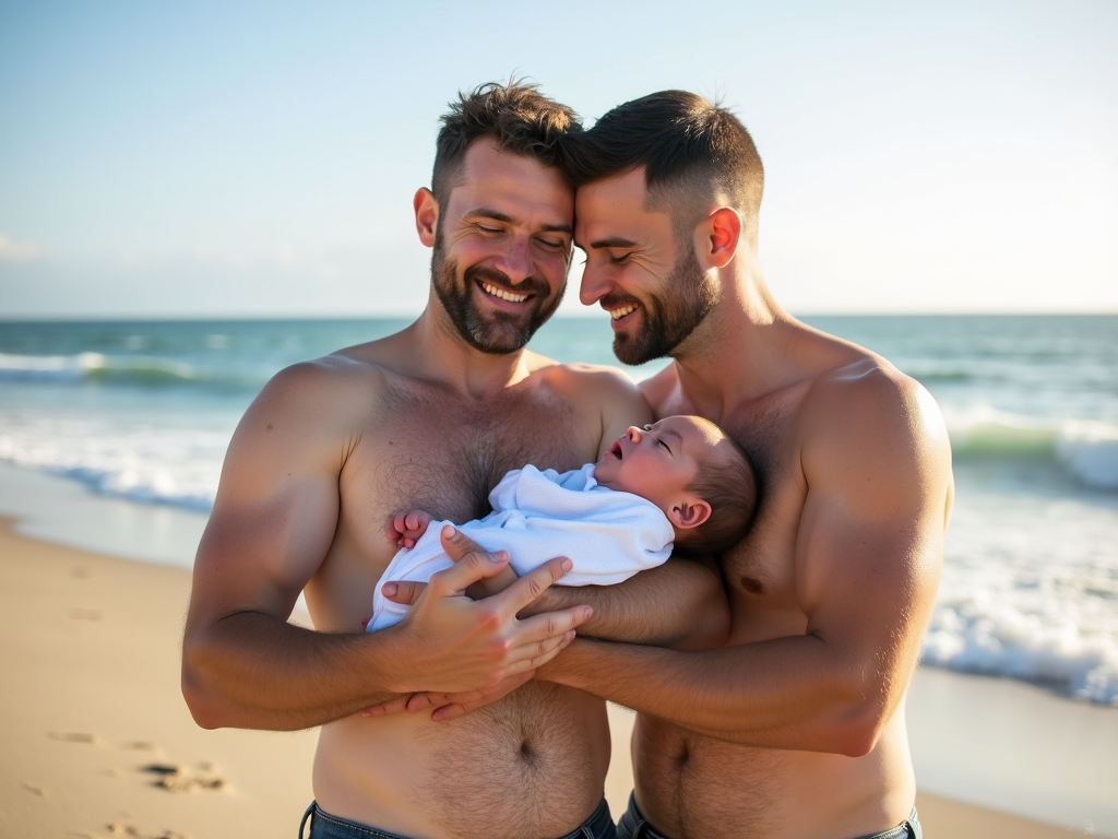 Same-sex couple with surrogate and baby in California
