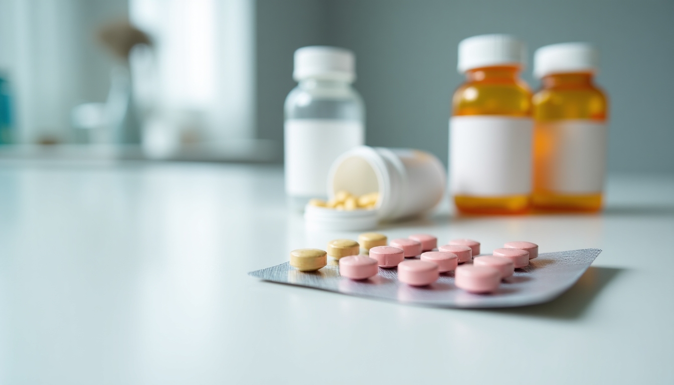 Pills and medicine bottles on a counter.