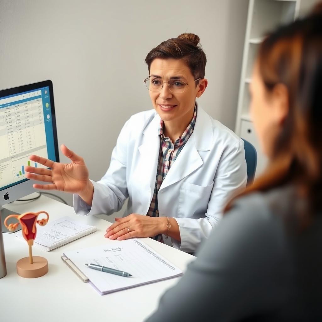 Fertility specialist explaining test results to a patient in a consultation room