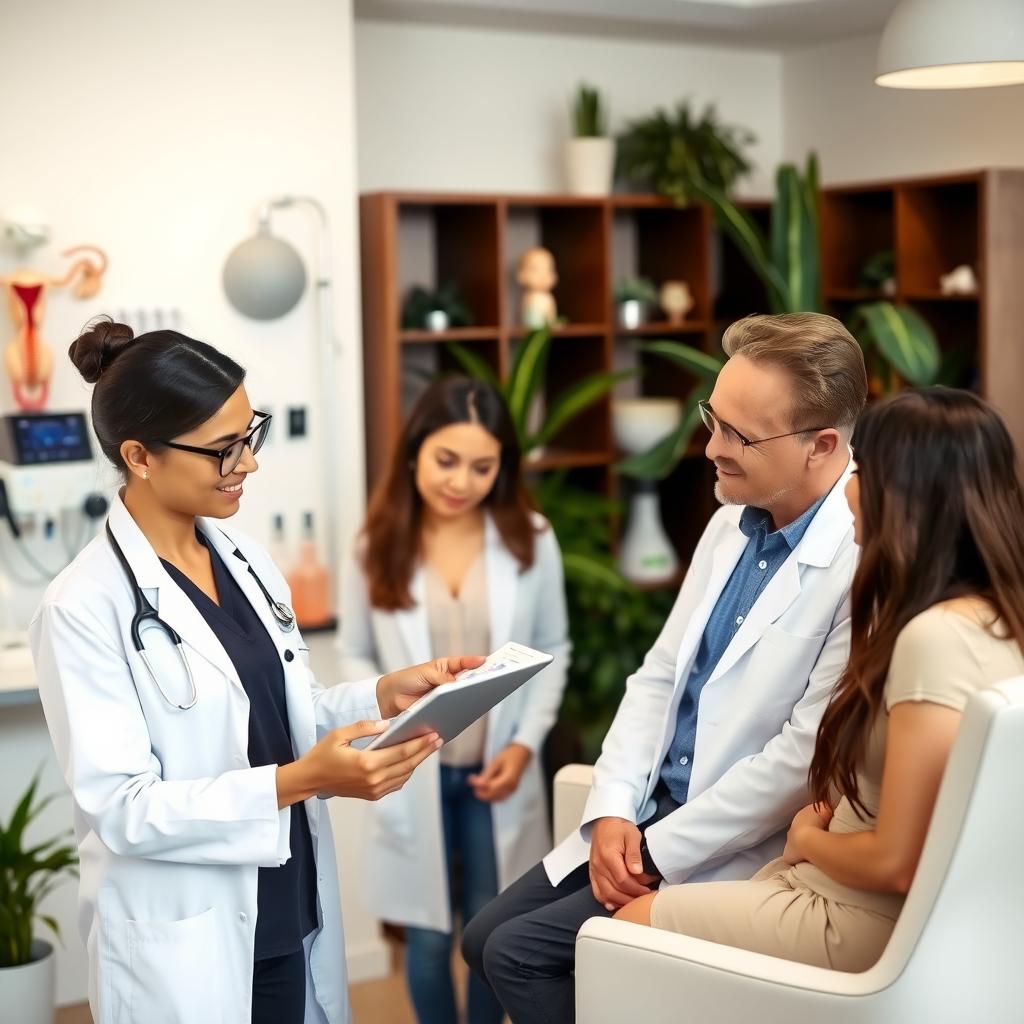 Fertility specialist consulting with a couple in a modern office