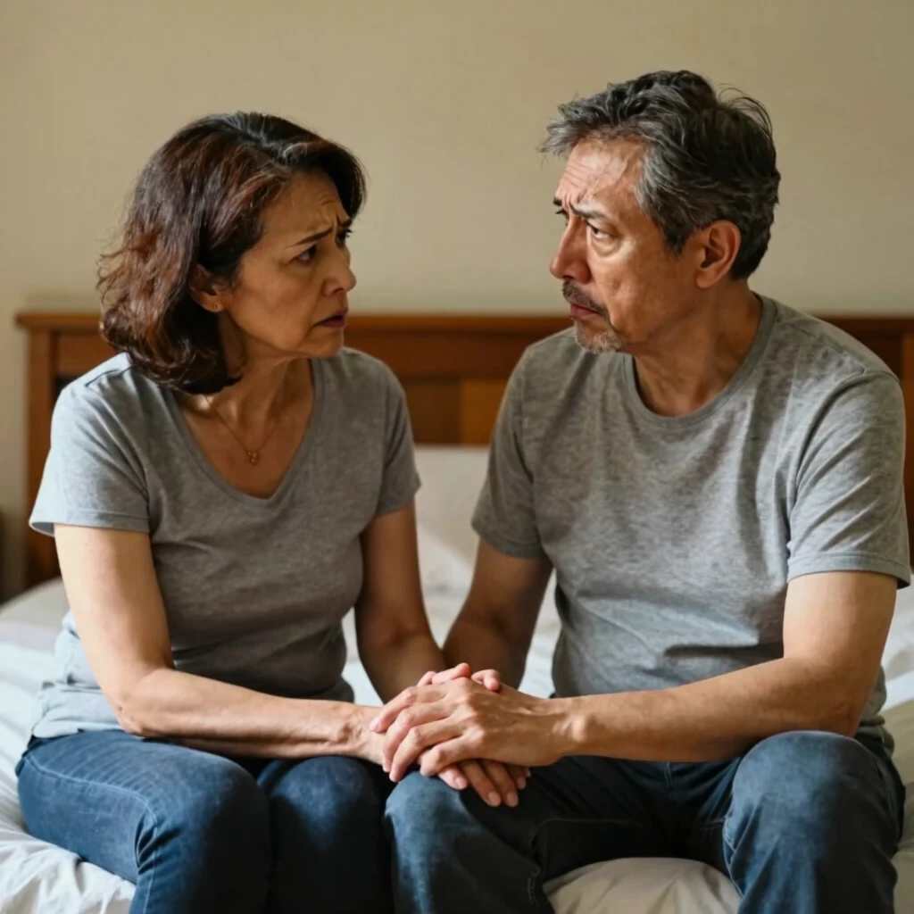 Middle-aged couple holding hands on bed, discussing concerns in a bedroom