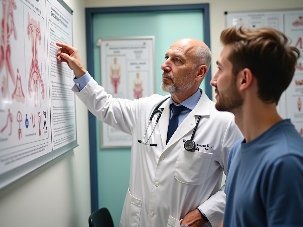 Doctor explaining sperm banking process to a patient using charts.