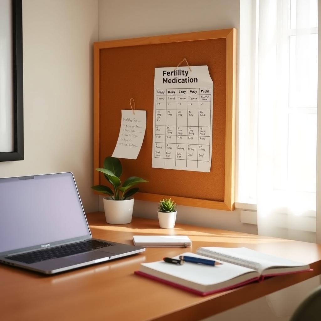 A home office desk with a fertility medication schedule, laptop, notebook, and potted plant in soft morning light.