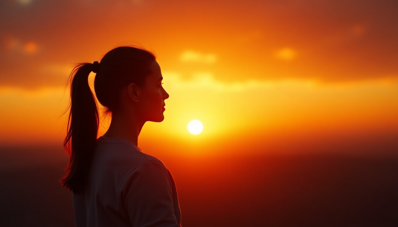 An inspiring image showing a person gazing thoughtfully at a sunrise, symbolizing hope and new beginnings.