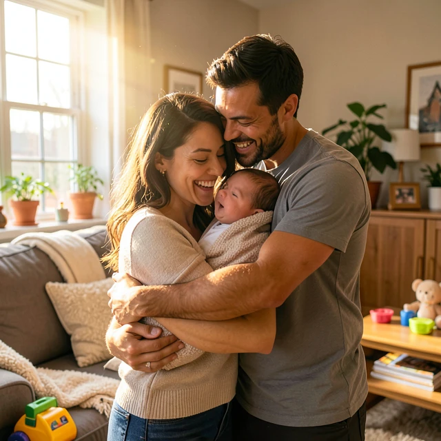 Happy family with newborn after fertility treatment success