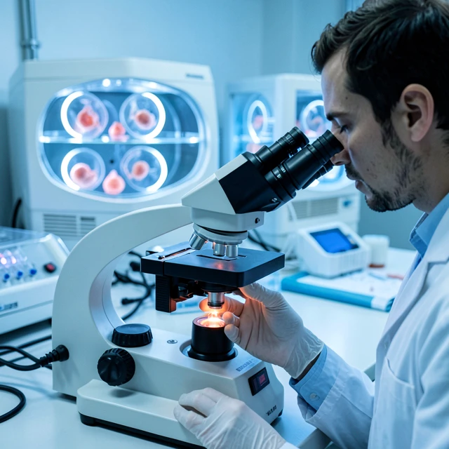 IVF laboratory with embryologist working on embryos