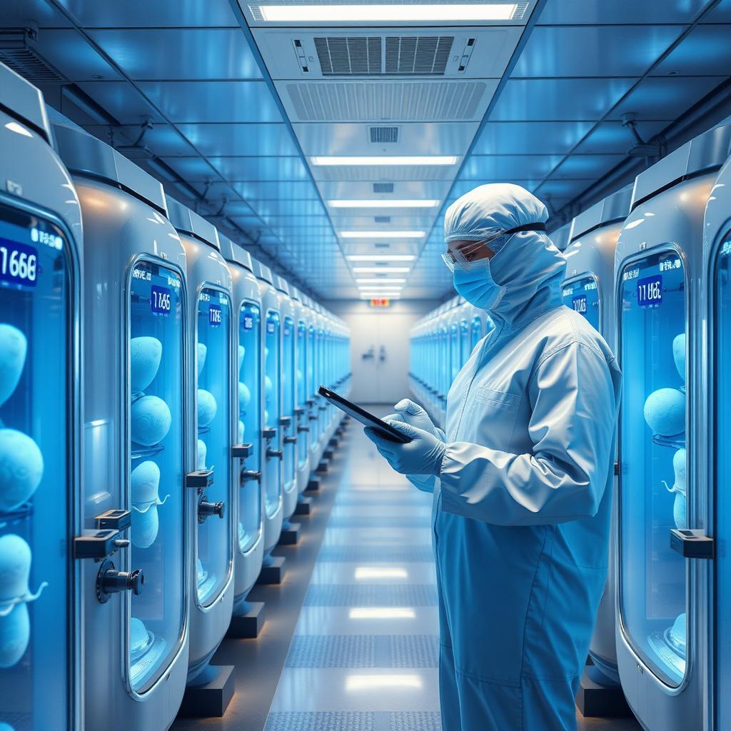 Futuristic cryostorage facility with tanks for embryo cryopreservation.