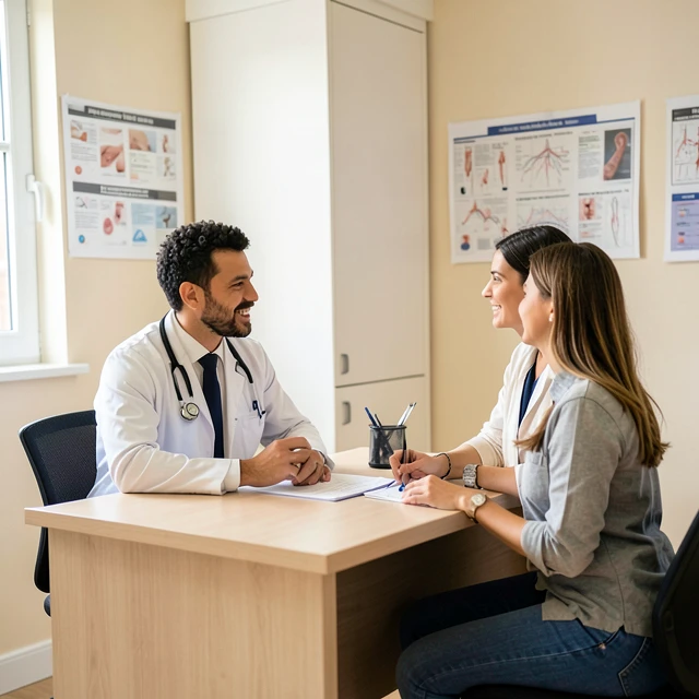 Doctor consulting with couple in fertility clinic about IVF process
