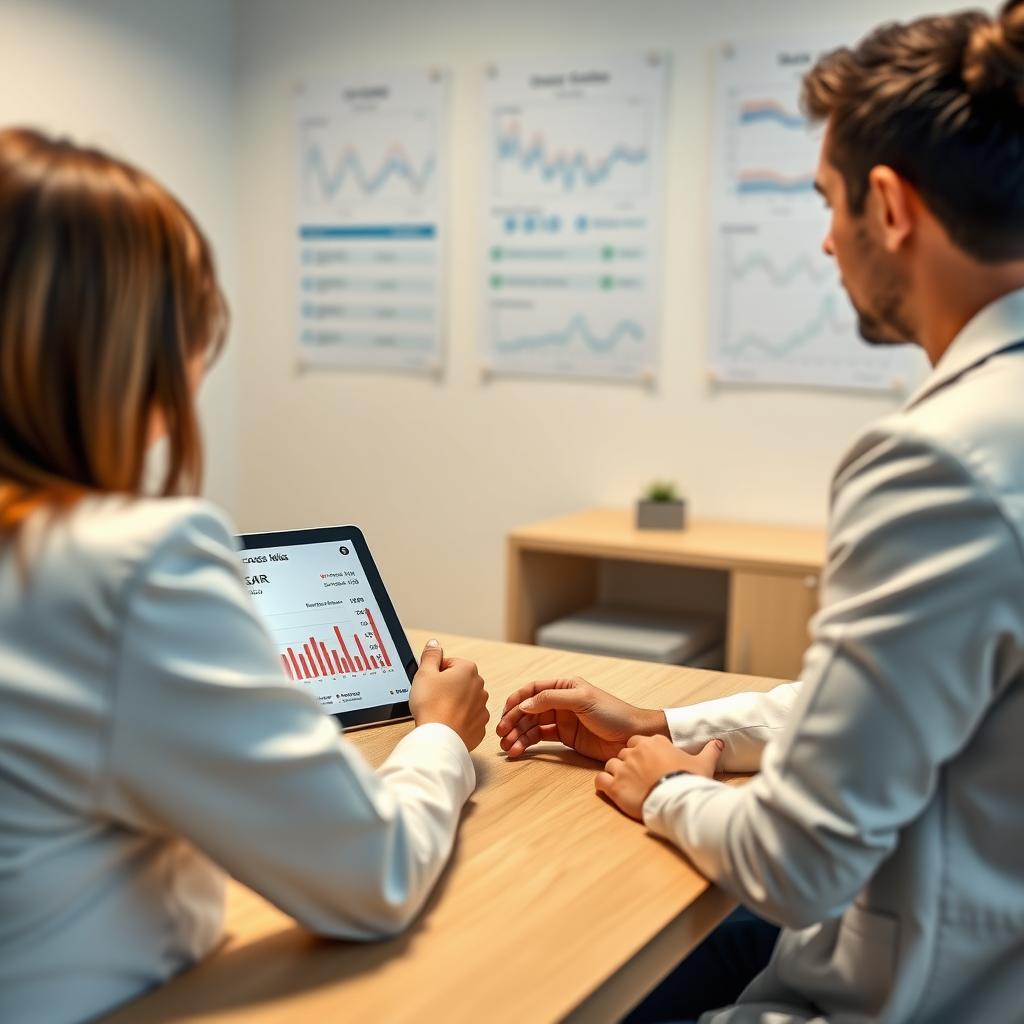 Fertility specialist discussing IVF success rates with a couple in a modern office.