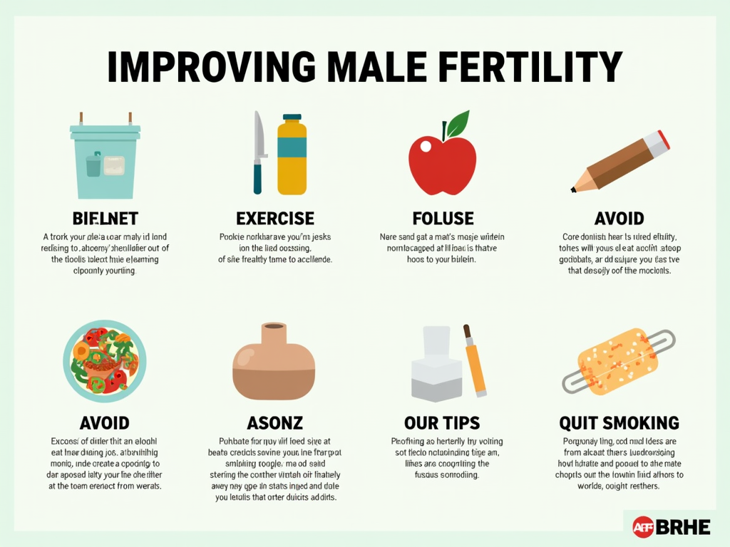 Infographic on lifestyle changes to enhance male fertility, featuring diet, exercise, toxin avoidance, and smoking cessation.