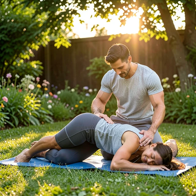 Couple doing partner yoga in the garden to support stress reduction and fertility