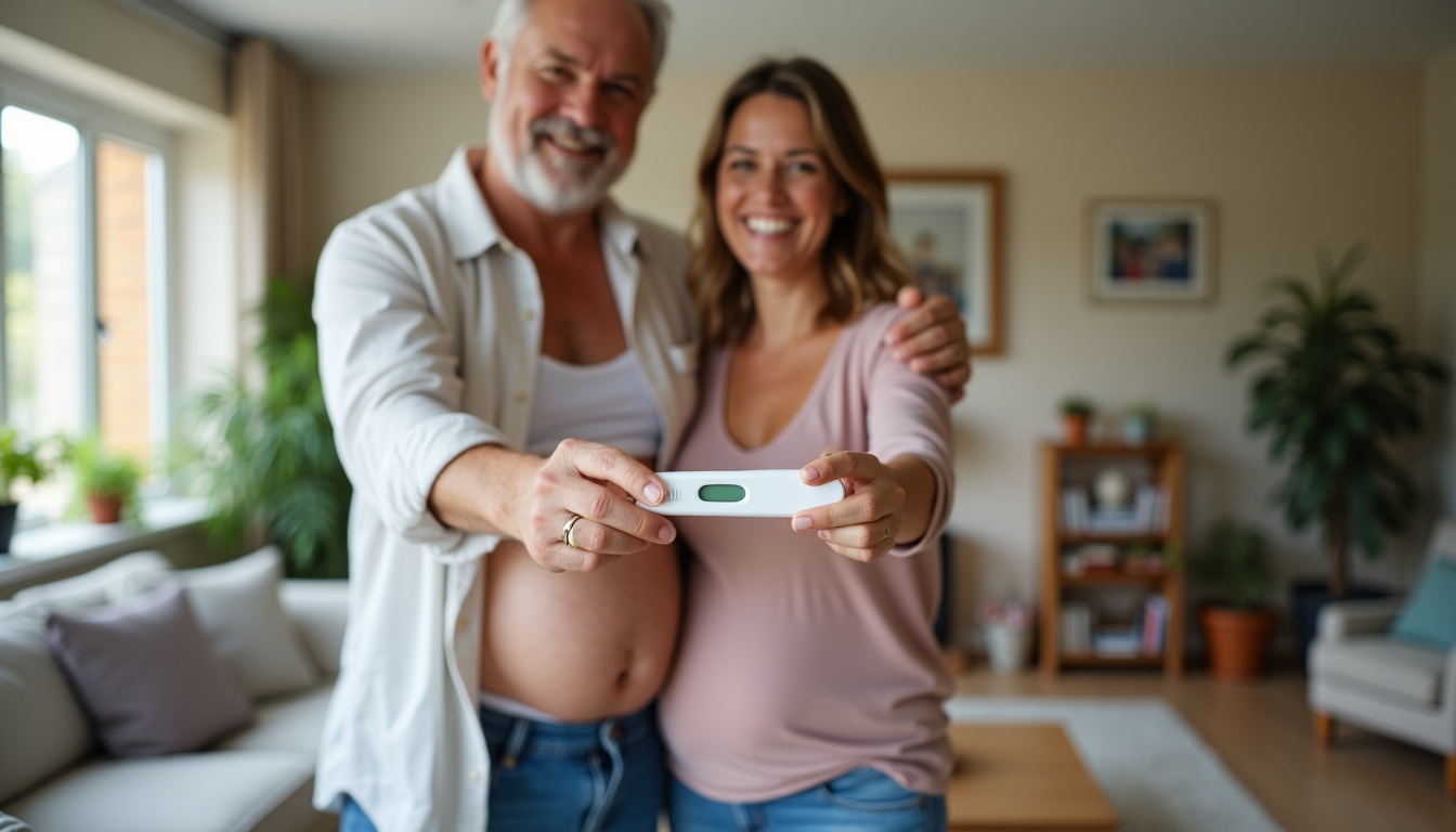 Couple celebrating positive pregnancy test.