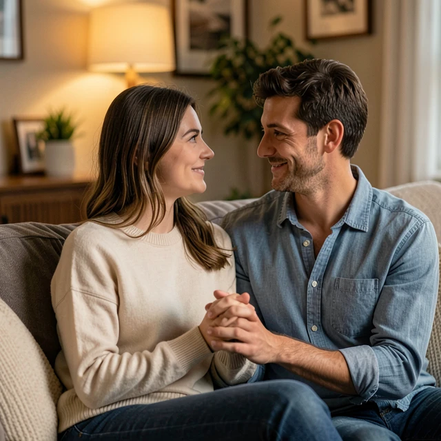 Couple sharing an intimate and supportive conversation at home